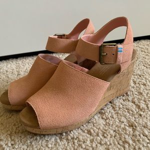 TOMS coral pink suede Tropez wedge sandals